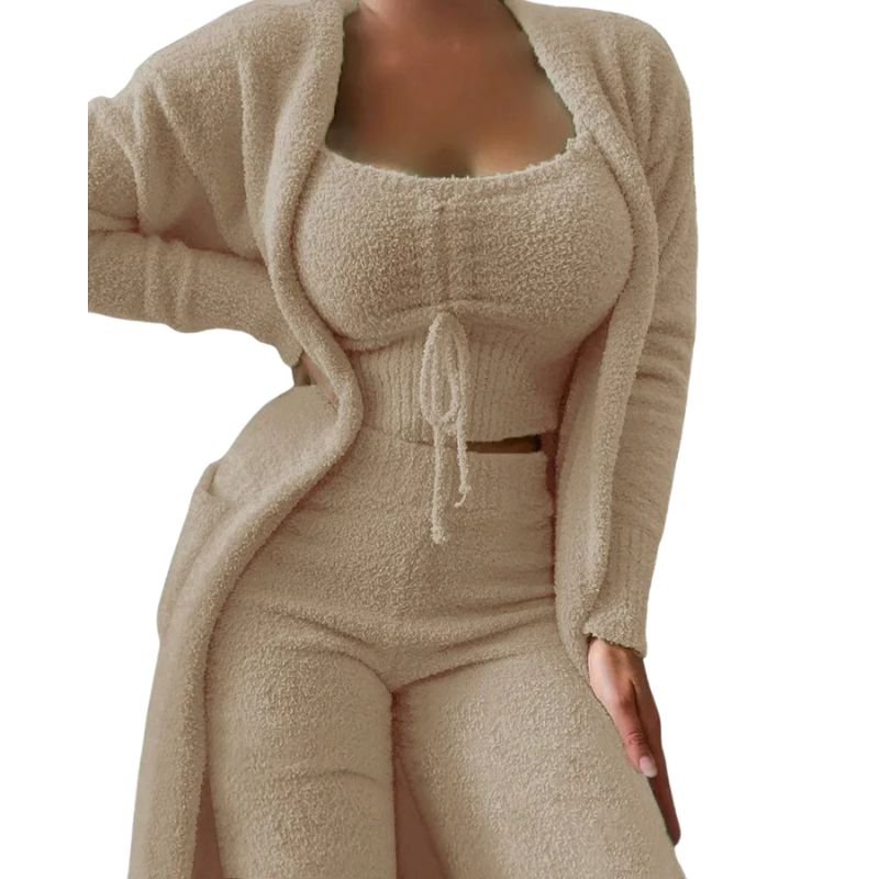 Fluffy Pajama Set for Women 3 Piece Winter Sleepwear with Robe and Pants