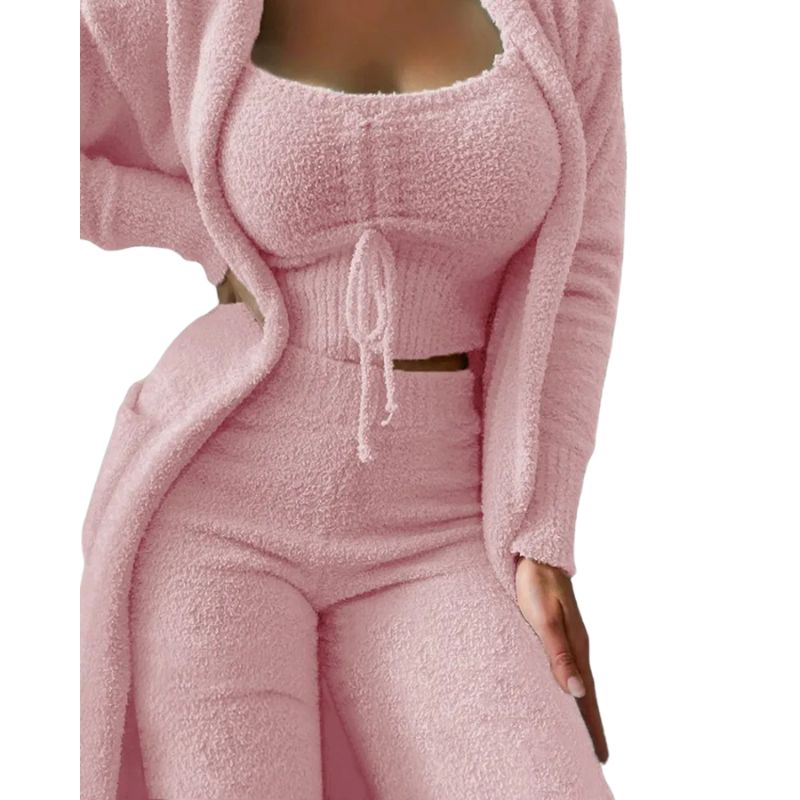 Fluffy Pajama Set for Women 3 Piece Winter Sleepwear with Robe and Pants