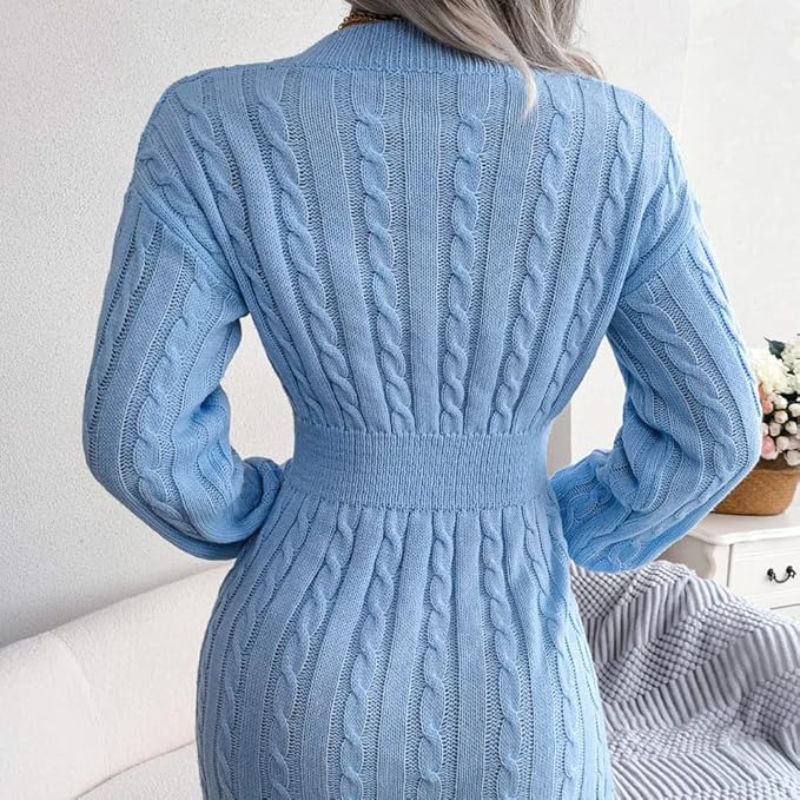 Cable Knit Sweater Dress Women V Neck Long Sleeve Bodycon Mini Dress