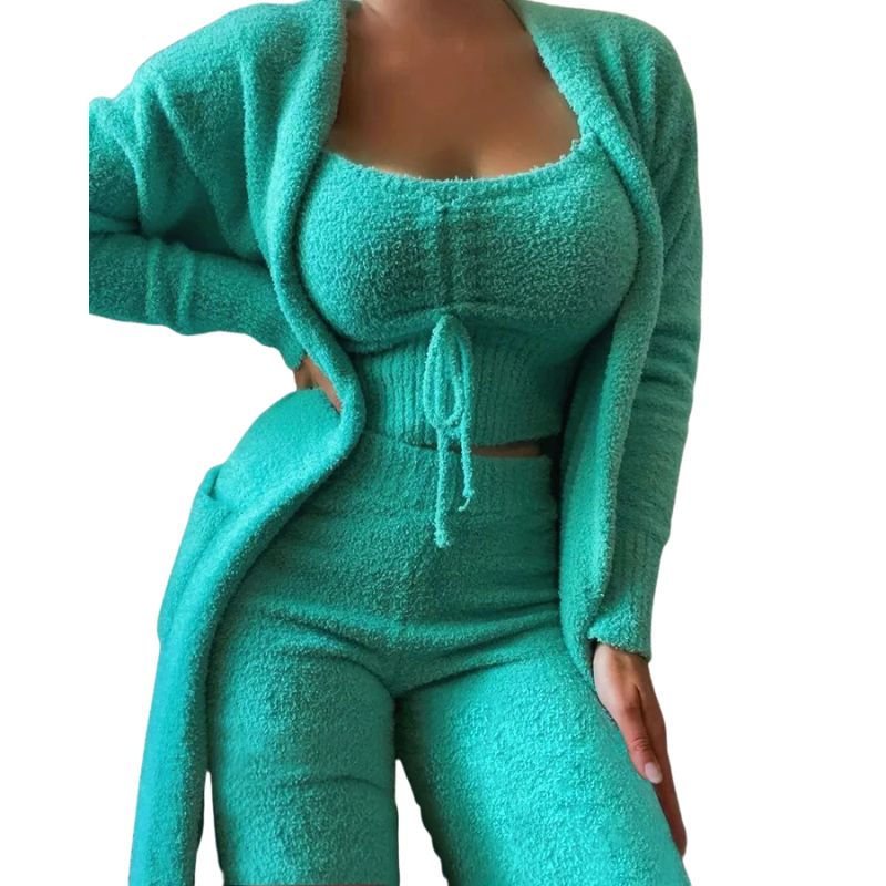 Fluffy Pajama Set for Women 3 Piece Winter Sleepwear with Robe and Pants