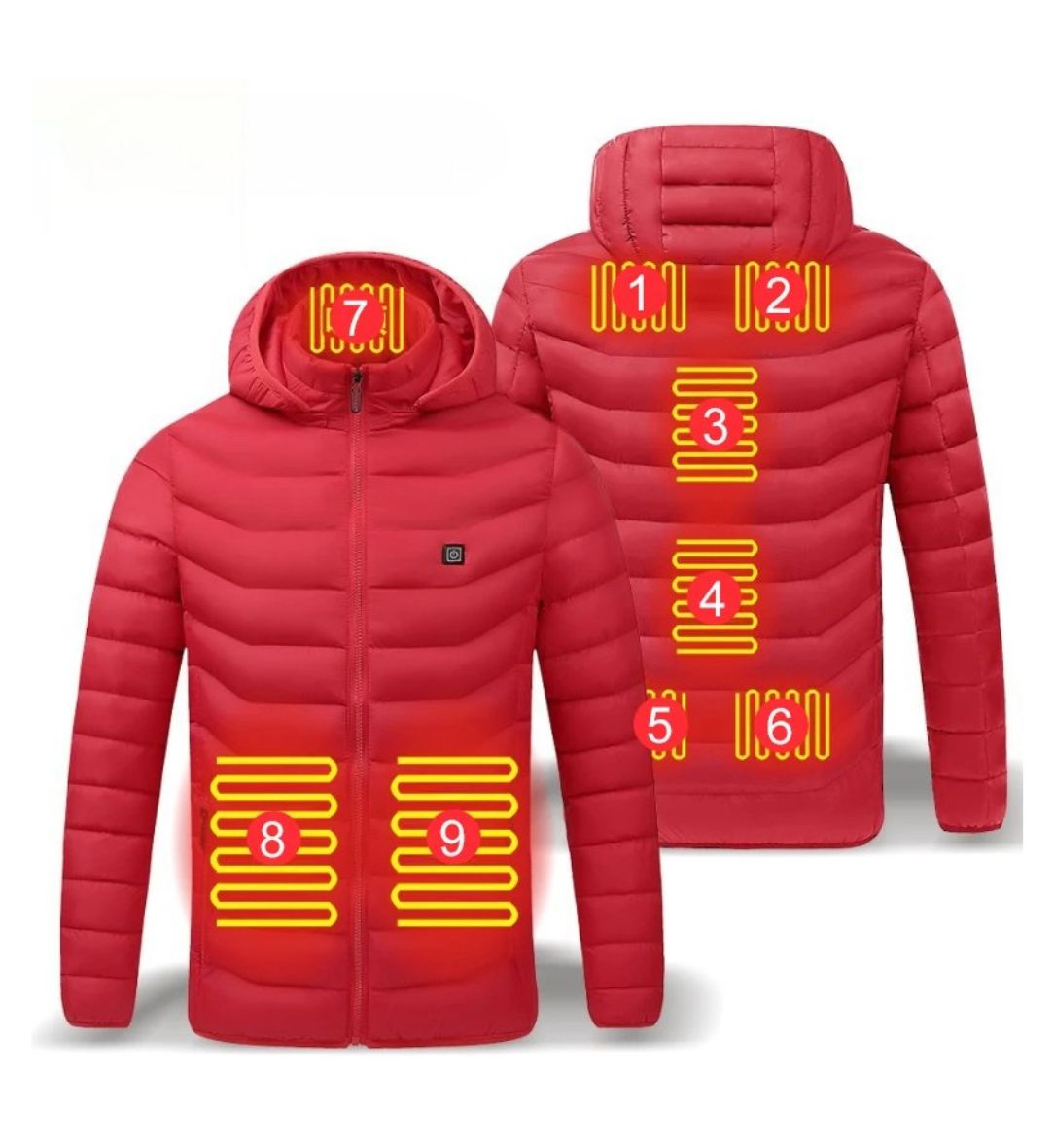 Men USB Heated Jacket Electric Warming Winter Coat 9 Heating Zones Waterproof Hooded
