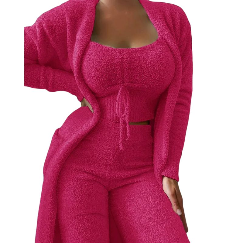 Fluffy Pajama Set for Women 3 Piece Winter Sleepwear with Robe and Pants