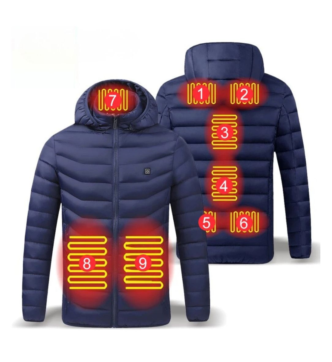 Men USB Heated Jacket Electric Warming Winter Coat 9 Heating Zones Waterproof Hooded