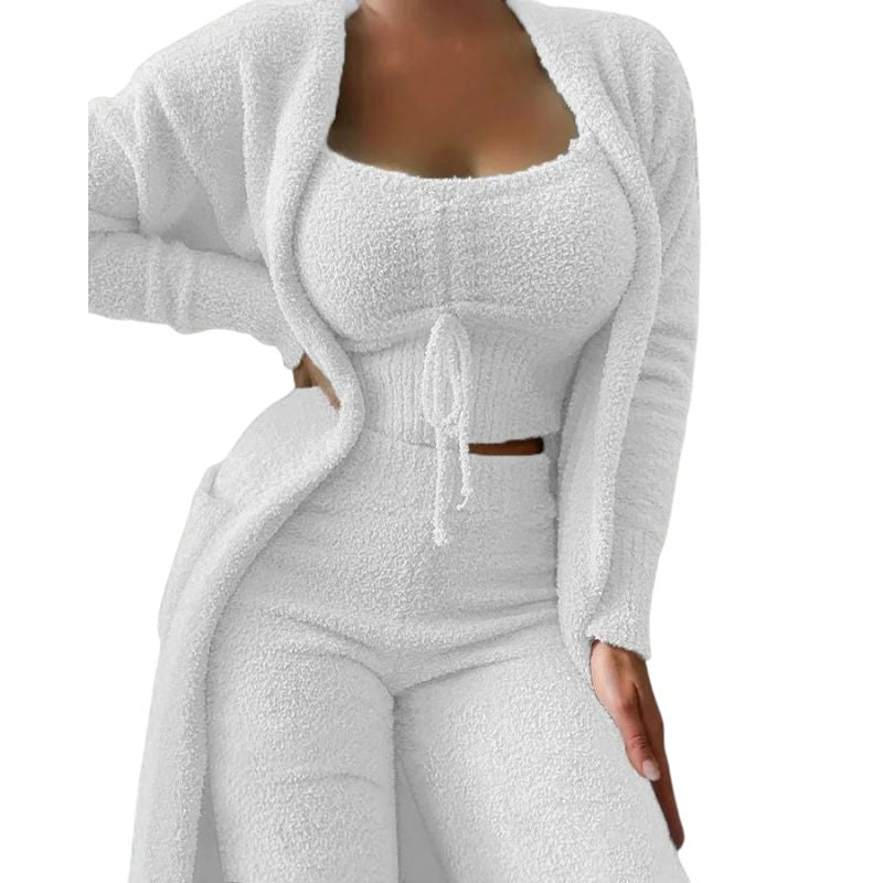 Fluffy Pajama Set for Women 3 Piece Winter Sleepwear with Robe and Pants