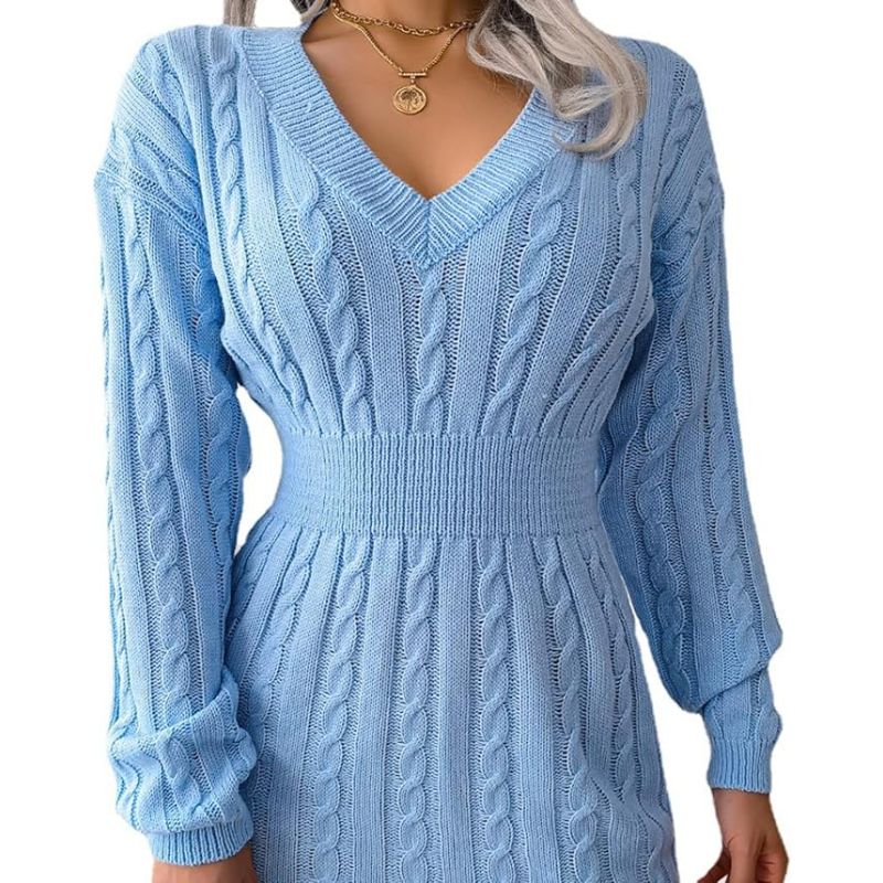 Cable Knit Sweater Dress Women V Neck Long Sleeve Bodycon Mini Dress