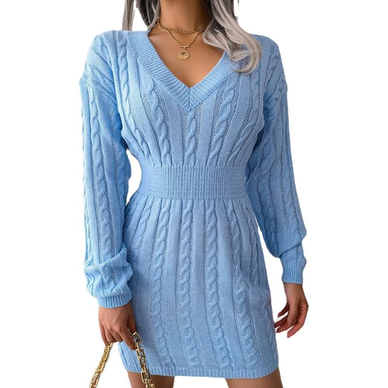 Cable Knit Sweater Dress Women V Neck Long Sleeve Bodycon Mini Dress