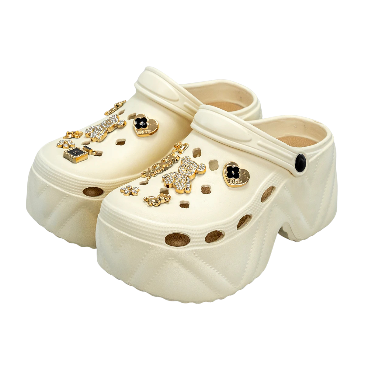 Gold Diamond Bear High Heel Fashion Clogs with Leather Pattern for Women