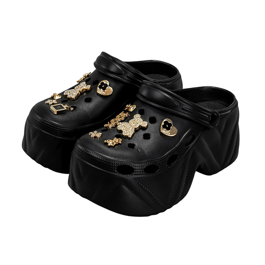 Gold Diamond Bear High Heel Fashion Clogs with Leather Pattern for Women