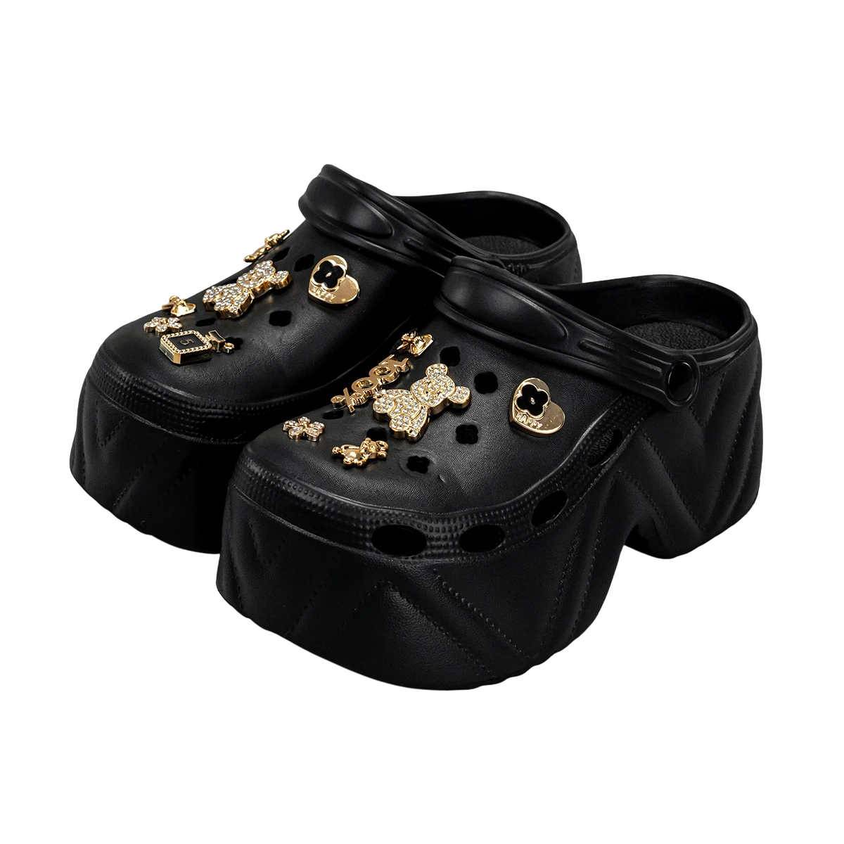 Gold Diamond Bear High Heel Fashion Clogs with Leather Pattern for Women